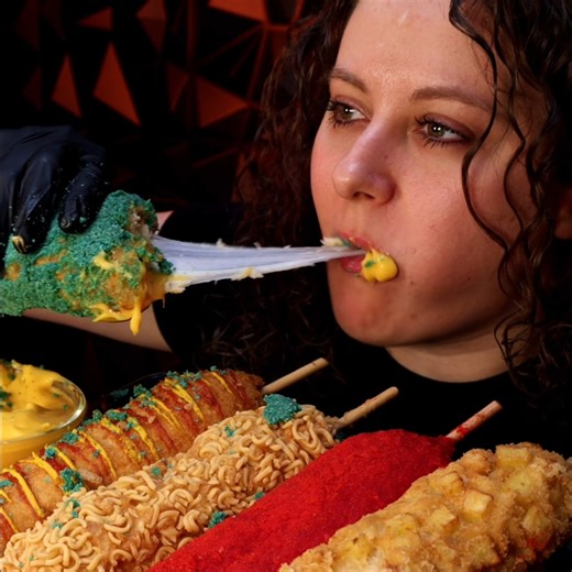 Monica ASMR | CRUNCHIEST KOREAN CORN DOGS EVER 🤯🧀 ASMR MUKBANG Colorful Flavors • INSANE Cheese Pulls • Satisfying Crunch Sounds 🤤 👉 FULL VIDEO on... | Instagram