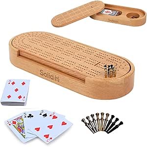 Premium Oak Cribbage Board Game Set -Unique Includes Playing Cards, Metal Pegs, Instructions, & More - Beautiful Design Set- Travel