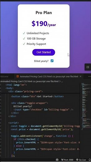 Animated Pricing Card | HTML CSS & JS in One File. #PricingCard #WebDesign #CSSAnimation #JavaScript