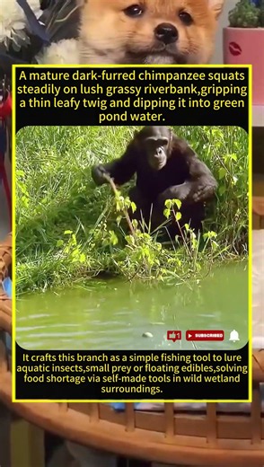 Smart Chimpanzee Uses Stick Tool To Fish Food Beside Pond, Classic Primate Intelligence #wildlife