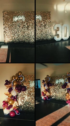 Champagne Gold Shimmer wall backdrop (Balloons tuftex lace, Kalisan Mirror Gold and Burgandy) #shimmerwall #sequinwall #balloonbackdrop #birthdayidea #balloons