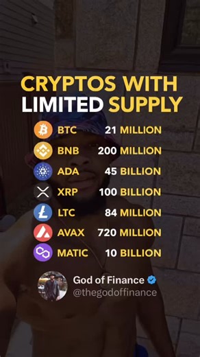 CRYPTOS WITH LIMITED SUPPLY = SCARCITY PLAYS 🔥 When supply is capped, demand is the only thing that can drive price over time. Here’s what you’re looking at: 🟠 BTC (21M) — the hardest money ever created. Digital gold. 🟡 BNB (200M) — exchange ecosystem token with supply managed through burns. 🔵 ADA (45B) — fixed max supply with staking long-term network growth thesis. ⚪️ XRP (100B) — fixed supply used for payments/liquidity rails (utility-driven narrative). 🔷 LTC (84M) — “silver to Bitcoin’s
