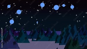 An animated cartoon of ringed planets and stars in a dark sky framed against a forest in the wilderness.