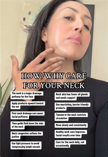 Never skip this… For years, I saw clients focus intensely on their face while completely ignoring their neck. Yet the neck is one of the most important pathways for lymphatic drainage from the face. When fluid cannot move efficiently through the neck, it has nowhere to go and often settles as facial puffiness, jawline congestion, and a heavier appearance around the cheeks and eyes. Neck care is not about aggressive lifting or pulling. It is about supporting natural drainage, circulation, and bar