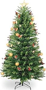 7FT PreLit Christmas Tree丨Green Christmas Tree with Unique Fiber Optic Lights & Decorations | Cute Decorations and Branches | Full Lush Realistic - Add Classic Touch to Holiday