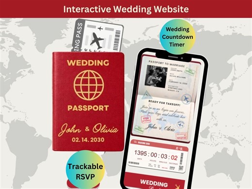 Red Wedding Website Passport Invitation Destination Wedding Digital Invitation With RSVP and Boarding Pass Invite - Etsy