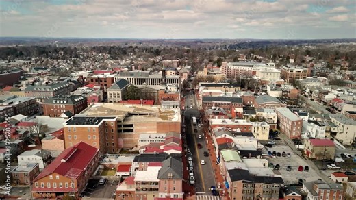 Aerial view of downtown West Chester, Pennsylvania historic district buildings and streets