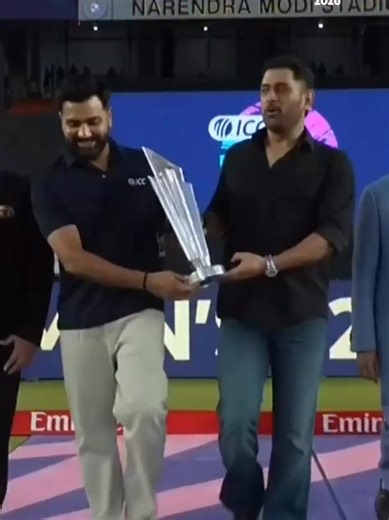 Former India #T20WorldCup winning captains, MS Dhoni and Rohit Sharma, alongside the ICC Chair Jay Shah, and JioStar Vice Chairperson Uday Shankar walk out with the coveted trophy 🏆