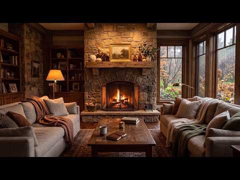 Cozy Fall Library Ambience 🍂 Rainy Evening Fireplace with Soft Piano | Study, Read & Relax
