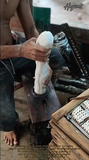 Hand-extruding traditional crackers (kerupuk) using a manual piston-style press machine