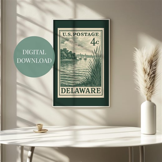 Printable Delaware Vintage Postage Stamp Art | Digital Download | 4c Sailboats & Marsh Design | Instant Google Drive Link (PNG | JPG) - Etsy