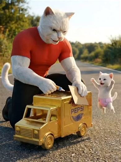 Dad Cat Plays with Cardboard Pepsi Truck