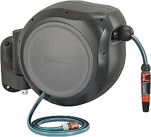 GARDENA (08045) Retractable Garden Hose Reel 66' x 1/2" hose, Wall Mounted, Automatic Retraction & Length Lock for Easy Watering. Heavy Duty Swivel Bracket 180°, Includes Nozzle.