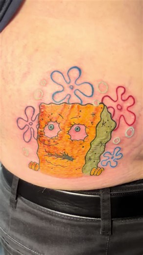 dried out SpongeBob! This was so random but so fun to do! A little aggravated since it was over a bunch of stretch marks, can’t wait to see him all healed! #tattoo #fyp #ohio #tattooartist #spongebob