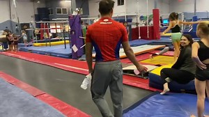 Spider-Man was in the house! Coach Alex took a lot of ribbing for his shirt being a child small. 😂 But superhero outfits are supposed to be tight and form-fitting, right? | Gymnastics World