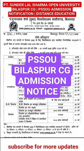 PT. SUNDER LAL SHARMA OPEN UNIVERSITY BILASPUR CG | PSSOU ADMISSION NOTIFICATION | DISTANCE LEARNING