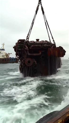 Lifting a massive sunken engine from the ocean. #crane
