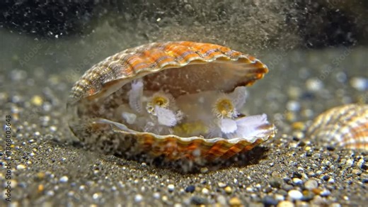 Open Scallop Shell Underwater on Sand Revealing Internal Organs and Tentacles Showing Movement and Feeding