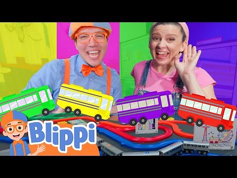 Ms. Rachel and Blippi Play with Rainbow Color Toy Trains | Blippi - Learn Colors and Science