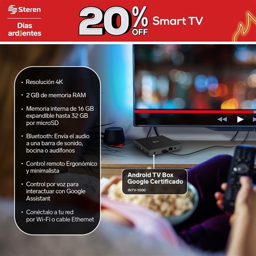 🔥Estos Días Ardientes, aprovecha un increíble 20% OFF en nuestro Android TV Box Google Certificado. Escríbenos por WhatsApp aquí 👉 https://bit.ly/3MU1FFN ¡Compra ahora en tu tienda Steren Circunvalación, Steren Cascadas Mall o Steren Megamall! Convierte tu pantalla en una verdadera Smart TV y disfruta del mejor contenido en streaming. Promoción válida en productos seleccionados del 16 al 24 de mayo 2024 | Steren Honduras