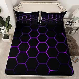 Geometric Bed Sheet Set 3D Hexagon Pattern Bedding Sheets for Kids Boys Girls Luxury Colorful Check Artwork Bedding Fitted Sheet Purple Black Decor Bed Cover Bedroom Collection 3Pcs Queen Size