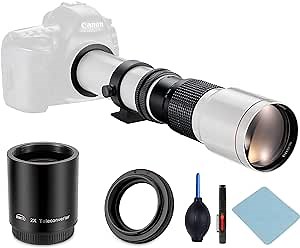 JINTU 500-1000mm f/8 Manual Telephoto Lens + T-Mount for Canon EOS Rebel SL2 SL1 T3 T3i T4i T5 T5i T6 T6i T6s T7 T7i 4000D 6D 7D 60D 70D 77D 80D 5D II/III/IV 550D 650D SLR Camera Lenses