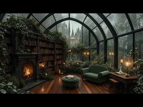 Studying in a Rainy Glass Library | Dark Academia Piano & Fireplace Ambience for Reading and Writing