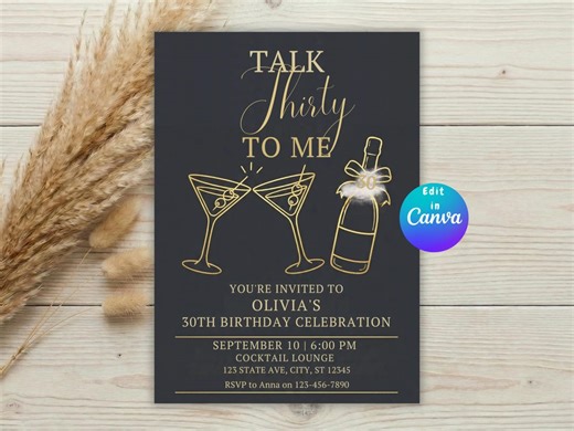 Talk Thirty to Me Invitation, Cocktail 30th Birthday, Editable Canva Template (digital Download) - Etsy