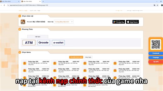 【HƯỚNG DẪN NẠP TẠI KÊNH NẠP MU: VĨNH HẰNG】 👉Các bước nạp tiền bằng phương thức ATM 🎯Bước 1: Truy cập trang web nạp chính thức: https://muvh.vn/ 🎯Bước 2: Nhấn Đến Nạp để chuyển đến Kênh Nạp Chính Thức 🎯Bước 3: Đăng nhập tài khoản Game 🎯Bước 4: Chon sever và nhân vật (Cần lưu ý chọn chính xác sv và nhân vật mình muốn nạp) 🎯Bước 5: Chọn Phương thức thanh toán ATM 🎯Bước 6: Chọn mệnh giá và kích vào phần MUA NGAY ở góc phải bên dưới màn hình 🎯Bước 7: Chọn Ngân hàng của bạn bấm xác nhận 🎯Bước