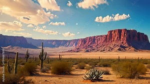 Video animation of vast desert landscape under a clear blue sky. In the foreground, various types of cacti and desert vegetation thrive