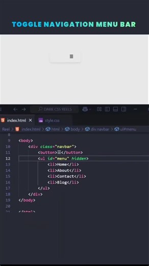 computer knowledge on Instagram: "Simple click, smooth navigation 🔥 Built a responsive toggle navigation system using HTML for clean UI and better user experience. Minimal code, maximum usability 🚀 #HTMLProjects #WebDevelopment #FrontendDeveloper #UIDesign #CodingReels"
