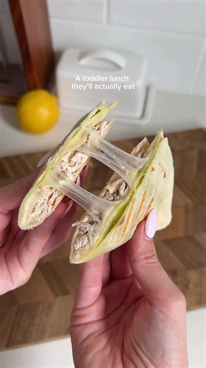 Beige toddler lunch idea that actually gets eaten. Chicken crunch wrap using leftover roast chicken. Save this for the next lunch battle. #toddlerlunch #toddlerfood #easylunch #toddlersoftiktok #crunchwrap