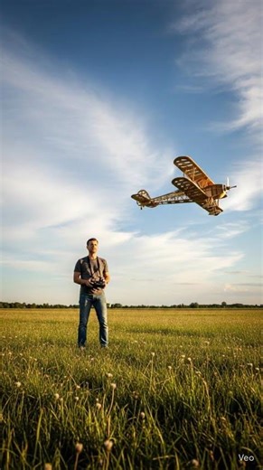 This man flies a wooden remote-controlled plane in an open field.