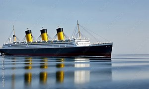 A stunning vintage ocean liner glides through calm waters on a clear day, showcasing its majestic structure and elegant design against a serene backdrop