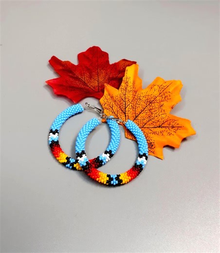 Blue Ethnic Inspired Beaded Hoop Earrings, Native Style Jewelry 2"(5cm) - Etsy
