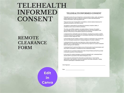 Telehealth Informed Consent Form, Med Spa Remote Consultation, Virtual Visit Waiver (canva Template) - Etsy