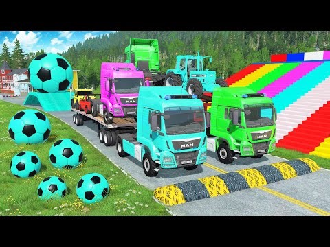 Flatbed Trailer McQueen Transportation with Truck - Speedbumps vs Cars vs Train - BeamNG.Drive #568