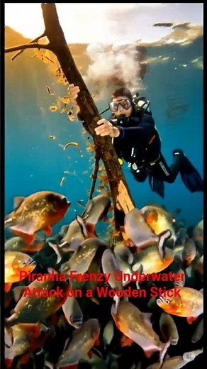 Piranha Frenzy! Underwater Attack on a Wooden Stick 🐟⚡ #shorts