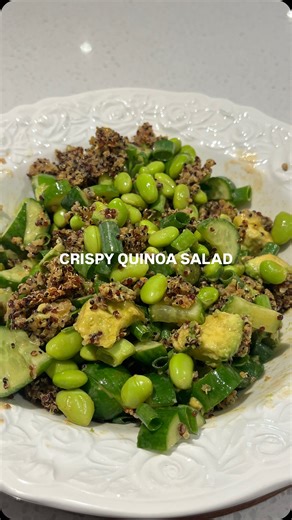 Claudia Aiello | Nourishing Recipes on Instagram: "viral crispy quinoa salad 🥬🫛🥑 I’ll be making this recipe again. So delicious, so simple and very nourishing to the body and soul 🤩 Salad - 4 baby cucumbers / 1 big cucumber - 1 cup edamame beans - 1/2 avocado - 3-4 shallots - 1/2 cup quinoa (1 tsp sesame oil for baking) Dressing - 1 tbsp PNB powder or natural peanut butter - 1 1/2 tsp soy sauce - 1 tsp honey Enjoy 🤍🤌🏽 #nourishbyclaudia #balancedeats #health #wholefoods #crispyquinoasalad"