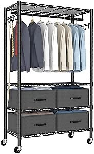 Clothes Rack, Heavy Duty Clothing Rack for Hanging Clothes, 4-Tier Adjustable Closet Organizer with 4 Drawers | Hanging Rod | Side Hooks | Load 445lbs | 15.7" D x 35.4" W x 74.1" H