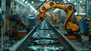 Multiple industrial robotic arms precisely operating on an assembly line in a modern factory setting.