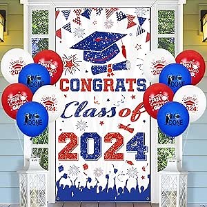Blue Red Graduation Party Decorations Congrats Grad Class of 2024 Door Cover Banner Backdrops 12PCS Blue Red White Graduation Balloons for College High School Students 2024 Graduation Party Supplies