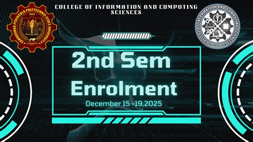 📢 ANNOUNCEMENT TO ALL CICS STUDENTS This is to inform all students of the College of Information and Computing Sciences (CICS) that the Enrollment for the Second Semester of Academic Year 2025–2026. Clearance of Students: December 10 to December 15, 2025 Students must complete their clearance procedures before proceeding to enrollment. Enrollment Schedule: December 15 to December 19, 2025 Students are advised to follow the designated schedule per year level to ensure a smooth and organized enro