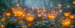 Extraterrestrial flora, glowing petals, bioluminescent alien plants, in a dense alien jungle, misty atmosphere, 3D render, Backlights, Depth of field bokeh effect