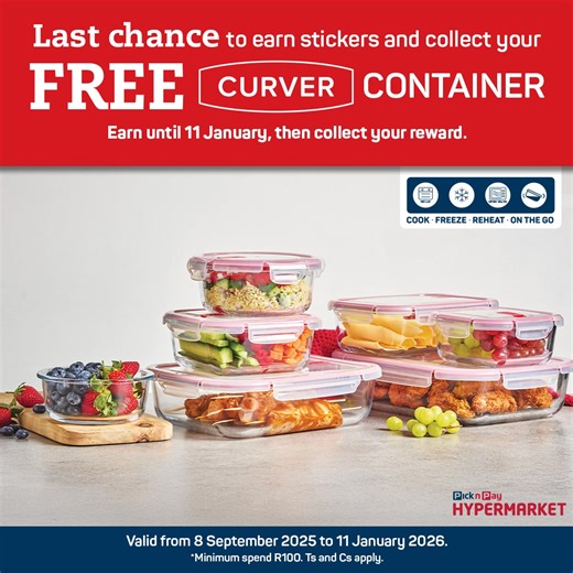 Time is running out! Earn stickers at Pick n Pay Hypermarket until 11 January and redeem your FREE Curver glass collection. Don’t miss out! Min spend R100. Ts&Cs apply. #Hyper #HyperCurverSaver. | Pick n Pay