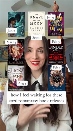 Karly Rose on Instagram: "Gnawing at the bars of my enclosure for these upcoming 2026 romantasy book releases 🦝 Featured books (in order of release date) 👇 📖 Cinder Vale ✍️ By Caroline Peckham & Susanne Valenti 📚 The Sins of The Zodiac series, Book 3 🗓️ February 3, 2026 📖 Dawn of the North ✍️ By Demi Winters 📚 The Ashen series, Book 3 🗓️ February 3, 2026 📖 Heir of Twisted Lies ✍️ LJ Andrews 📚 Stonegate, Book 2 🗓️ March 24, 2026 📖 Lightwing ✍️ By Caroline Peckham & Susanne Valenti 📚
