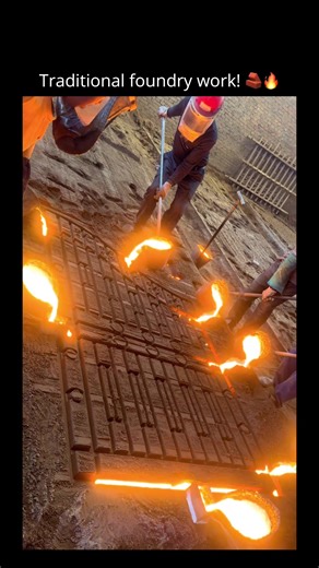 This traditional method is called sand casting. The workers create a perfect negative imprint of the garden gate in a bed of specially packed sand. Then, they carefully pour the glowing molten metal directly into this sand mold. Once it cools and solidifies, the sand is broken away to reveal the heavy, solid iron gate. It’s an ancient and fascinating technique! #sandcasting #metalwork #foundry #ironwork #manufacturing