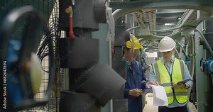 Civil engineer manager and foreman worker checking industry cooling air conditioner water cooling tower air chiller of large industrial building to control air system at construction site