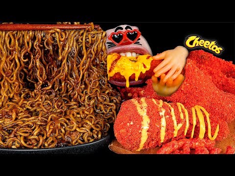 ASMR MUKBANG Cheetos Cheese Chicken & Black Bean Noodles EATING SHOW (4K)