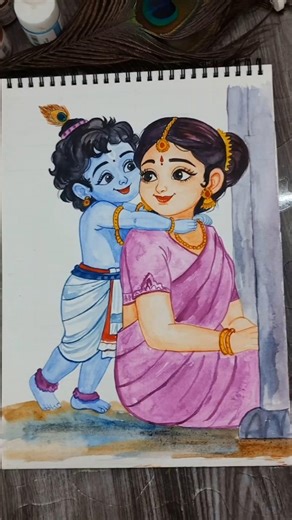 Cute Krishna Love Maiyaa Yashoda moment drawing part 2🪈🦚#art #krishna #yashoda #watercolorpainting